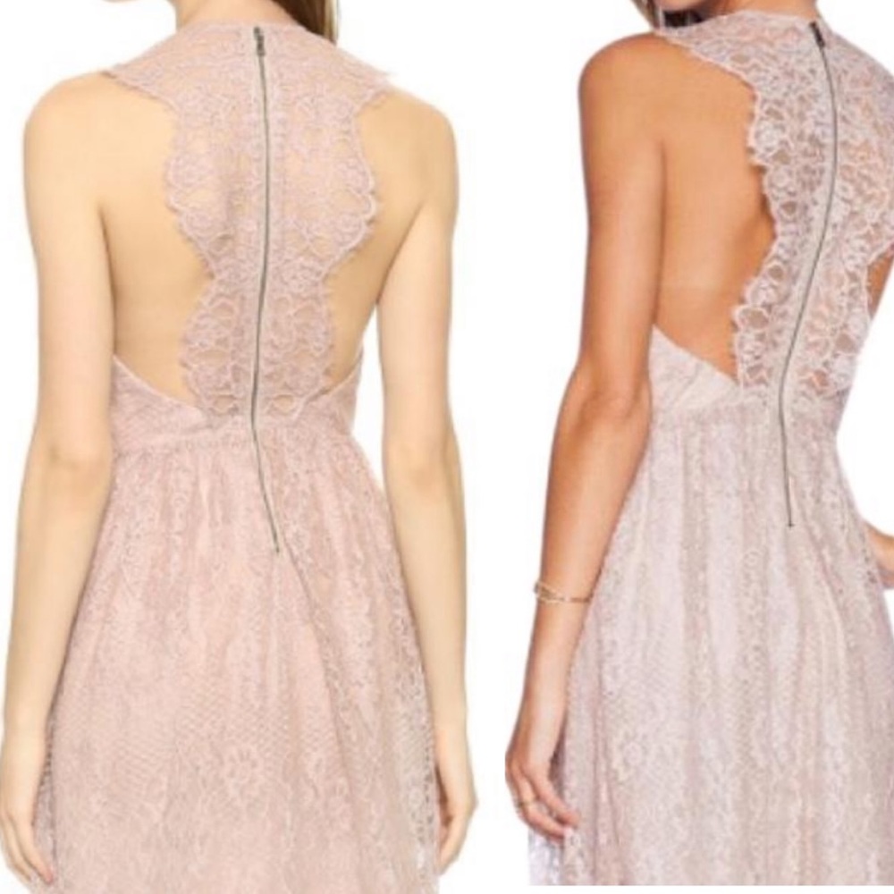 Alice + Olivia Blush Lace Open-Back Midi Dress